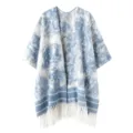 Châle poncho chaud en imitation cachemire à motif lavis bleu et blanc avec franges - Hauts / 120x140cm / Bleu Ciel d'Encre