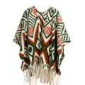 Detailed view of Bohemian ethnic style shawl with fringe and geometric pattern - Tops / 120x140cm / Ethnic Geometric Green