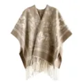 Poncho élégant en imitation cachemire kaki avec motif cachemire blanc et franges. - Hauts / 120x140cm / Floral Beige Camel