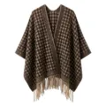 Elegant brown and beige houndstooth poncho shawl with fringe tassels for winter season - Tops / 120X140+16CM / Coffee Houndstooth