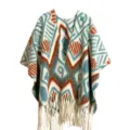 Bohemian geometric pattern knit shawl poncho with fringe detail and rust teal print - Tops / 120x140cm / Ethnic Geometric Blue