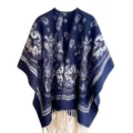 Châle poncho bleu marine à motif paisley avec franges blanches - Hauts / 120x140cm / Floral Bleu Marine