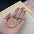 Large silver-colored geometric hoop earrings with sparkling rhinestones, SKU detail - Edge Rhinestone Hoop (E3496) / 5cm / Silver