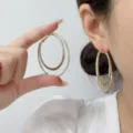 Large gold-colored double layered hoop earrings for women featuring stylish geometric design - Double Layer Geometric Hoop (E4165) / 5.6cm / Gold