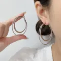 Silver double-layer geometric hoop earrings for women, stylish versatile ear jewelry - Double Layer Geometric Hoop (E4165) / 5.6cm / Silver