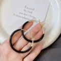 Elegant oversized black enamel and gold-tone hoop earrings for women - Enamel Hoop (E4359) / 5cm / Black