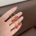 Elegant long red maple leaf earrings with sparkling rhinestones in gold-tone finish - Standard Ear Threader (E2607)