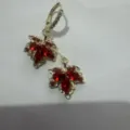 Elegant red crystal maple leaf dangle earrings in Korean style with gold tassel finish. - Red Double Leaf Rhinestone Buckle (E2607)