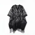 Élégant poncho en cachemire synthétique style lavis noir et blanc avec jolies franges - Hauts / 120x140cm / Paisley Noir