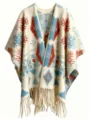 Chal poncho de estilo bohemio étnico con patrones geométricos azules y flecos - Tops / 120x140cm / Copo de Nieve Azul