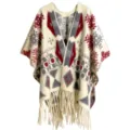 Cream bohemian ethnic style winter poncho with red and grey geometric pattern and tassels - Tops / 120x140cm / Snowflake Red Gray