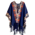 Bohemian navy blue ethnic style shawl poncho with orange geometric patterns and fringes - Tops / 120x140cm / Boho