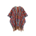 Bohemian ethnic style knit poncho shawl with fringe details in red and blue colors - Tops / 120x140cm / Exotic Style