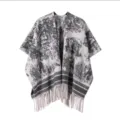 Elegant bohemian style knit shawl with gray landscape print and tassel hem for winter - Tops / 120x140cm / Ink Wash Gray