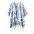 Elegant Bohemian blue and white patterned long knit shawl with white fringe detail - Tops / 120x140cm / Ink Wash Blue