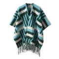 Bohemian ethnic style knit shawl with blue and green zigzag pattern and tassel trim - Tops / 120x140cm / Magic Blue