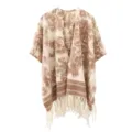 Elegant bohemian mid-length shawl poncho with brown tie-dye print and cream fringe tassels - Tops / 120x140cm / Ink Wash Khaki