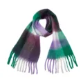 Zachte dikke winter sjaal van imitatie mohair met paars en groen ruitpatroon en kwastjes - 215x40cm / Groen en Paars Patchwork