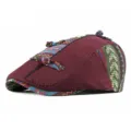 Ethnic style maroon beret hat with colorful woven patterns and decorative knots for women - 56-59cm (Adjustable) / Toggle Style / Burgundy