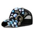 Stylish black mesh trucker baseball cap featuring blue sequins and gold floral embroidery - Adjustable (55-59cm) / Sequin Floral Style (Color 1)