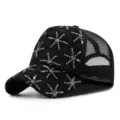 Berretto da baseball in rete nera da donna con elegante ricamo floreale in paillettes argento - Regolabile (55-59cm) / Girasole - Base Nera Paillettes Argentate