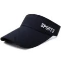 Black breathable mesh sun visor with long brim and white 'SPORTS' text on side - Adjustable (Fits 55-59cm Head Circumference) / SPORTS Style / Navy Blue