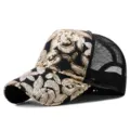 Cappello trucker in rete nera con ricamo floreale in paillettes dorate eleganti - Regolabile per Circonferenza Testa 55-59cm / Colore 14