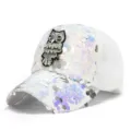 Cappellino da baseball bianco con paillettes, gufo in strass e rete traspirante sul retro - Regolabile per Circonferenza Testa 55-59cm / Colore n. 5 - Patch Gufo