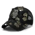 Cappellino da baseball nero in mesh con patch decorativo a forma di gufo con paillettes - Regolabile per Circonferenza Testa 55-59cm / Colore n. 4 - Patch Gufo