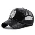 Berretto da baseball con paillettes nere, toppa con gufo d'argento e retro in rete. - Regolabile per Circonferenza Testa 55-59cm / Paillettes Nero - Patch Gufo