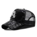 Berretto da baseball con paillettes nere, lettera A in strass e retro in rete traspirante - Regolabile (55-59cm) / Paillettes Nere - Lettera A