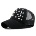 Elegante cappello trucker nero glitterato da donna con perle e strass scintillanti - Regolabile (55-59cm) / Stile Perla - Nero