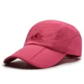 Breathable rose pink quick-dry folding baseball cap for outdoor hiking and sun protection - Adjustable (56-59cm) / Three-Fold Brim (Slide Buckle) / Rose Red
