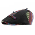 Ethnic style beret hat with colorful woven patterns and decorative knots in black - 56-59cm (Adjustable) / Toggle Style / Black
