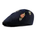 Navy blue ethnic style beret with floral embroidery and Chinese knot details - 56-59cm (Adjustable) / Flower Style / Dark Blue