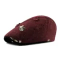 Elegant burgundy ethnic style beret hat with floral embroidery and decorative knots - 56-59cm (Adjustable) / Flower Style / Burgundy
