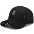 Breathable black mesh baseball cap with a vintage brown leather patch for summer - One Size Adjustable (56-59CM) / Head Icon Style / Black