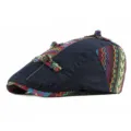Stylish ethnic navy blue beret cap with vibrant woven patterns for women's sun protection - 56-59cm (Adjustable) / Toggle Style / Dark Blue