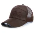 Breathable brown linen mesh baseball cap with embroidered SPORT logo and extended sun brim - Sport Embroidery Style / Adjustable (56-60cm) / Coffee