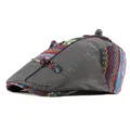 Grey ethnic style beret flat cap with colorful woven geometric patterns and decorative knots - 56-59cm (Adjustable) / Toggle Style / Gray