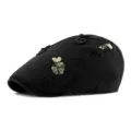 Ethnic style black beret cap with floral embroidery and decorative knots for women - 56-59cm (Adjustable) / Flower Style / Black
