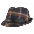 British style retro navy and orange plaid fedora hat featuring black faux leather band - Large Plaid - Navy Blue