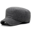 Grey wool felt military flat top cap for men's winter warmth and stylish outdoor wear - Plain Style / Gray