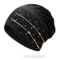 Elegant women's black lace slouchy beanie hat featuring decorative amber rhinestones - One Size (Stretchy) / Black