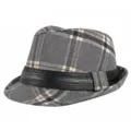 Grey plaid wool fedora hat with black leather band for autumn and winter wear - Large Plaid - Gray