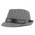 Classic British retro gray plaid fedora hat with elegant black faux-leather band for winter - Plaid - Light Gray