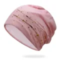 Pink lace slouchy beanie with rhinestones for women, breathable headscarf hat - One Size (Stretchy) / Pink