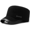 Men's winter wool flat top military cap with faux leather brim and SPORT metal tag - Sport Style / Black