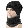 Warm winter knit beanie and neck warmer set with fleece lining in black and gray marl - Style 2 / Hat and Neck Warmer Set / Black