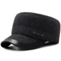 Classic charcoal grey wool flat top military cap with a premium black faux leather brim - Sport Style / Dark Gray